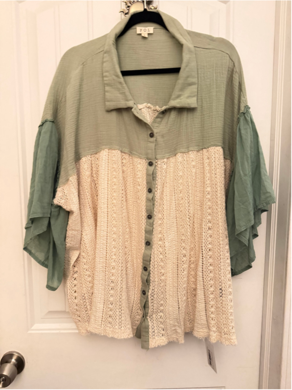 Women's POL Button Down Shirt Large Green Beige Crochet Detail